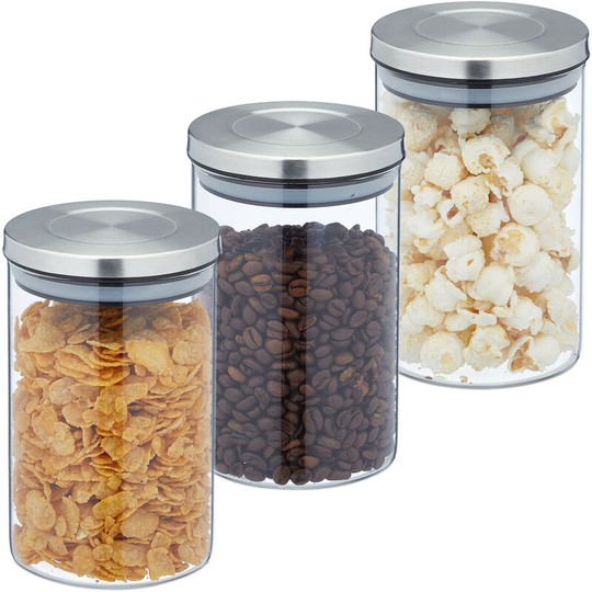 Relaxdays - Storage Jars in Set of 3 Vol. 800 ml Stainless Steel Airtight Lids, Store Dry Food, Glass, Transparent/Silver