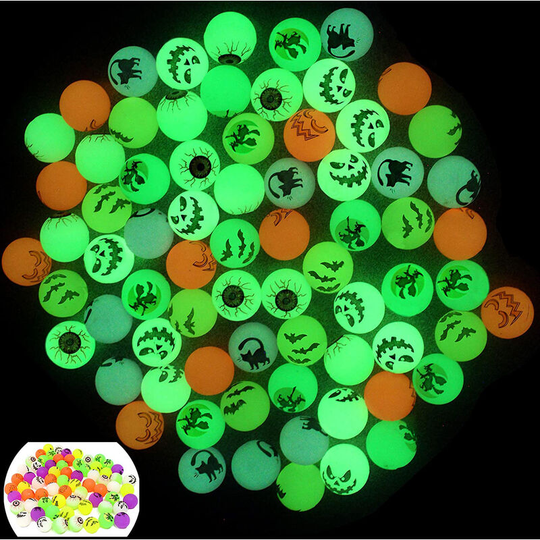 Perle Raregb - 72 Glow in The Dark Bouncing Balls 1.25" | 6 Halloween Theme Designs | for Halloween Bouncy Party Favor Supplies, School Classroom