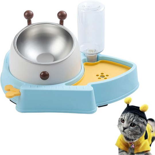 Qersta - Cat Bowls, 3-in-1 Cat Bowl, 3-in-1 Pet Bowl with Automatic Water Storage, Stainless Steel Pet Bowl for Cats and Pets (Yellow Blue)