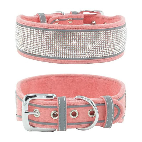 Reflective Dog Collar Medium Large Dog Glitter Suede Rhinestone Rhinestone Necktie Cell Phone Number Anti-lost (Pink m)