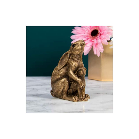Hare Rabbit & Baby Ornament Rustic Bronzed Style Resin Christmas Sculpture Figurine Xmas