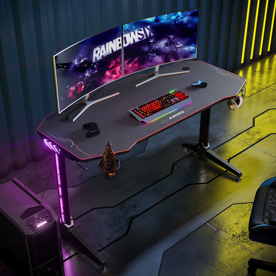 Elegant - Black pc Gaming Computer Desk with Full Mouse Pad 1400x600mm Home Office pc Desk with led Lights Headphone Hooks and Cup Holder