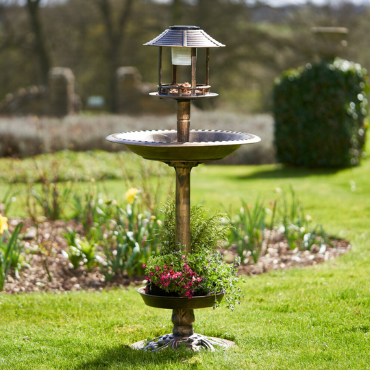 SA Products Solar Bird Feeder Station - Bronze Bird Bath Fountain Stand, Solar Lamp Post with Planter - Easy Assembly & Installation, Weather-Proof
