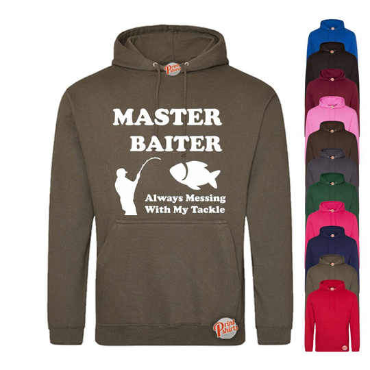 (Olive, Large) Master Baiter - Always Messing With My Tackle! Mens Unisex Funny Hoodie . Retro Hoody