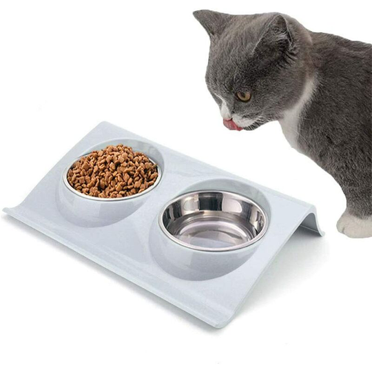 Double Bowl, Double Cat Bowl inox, Double Bowl for Small Dogs, Double Bowl for Pets, Double Bowl for Cat, Bowl for Cat and Dog (Blue)