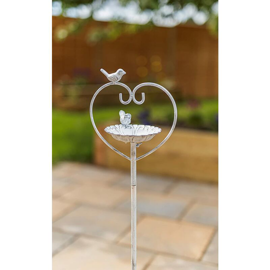 White Birdbath Bird Feeder with Stake, Hand Painted Bird Bathing Feeding Station Easy to Assemble