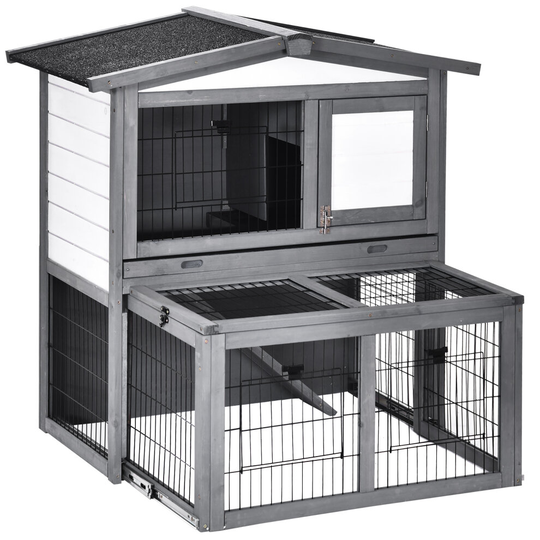 PawHut Wooden 2 Main House Rabbit Hutch w/ Open Roof Small Animal