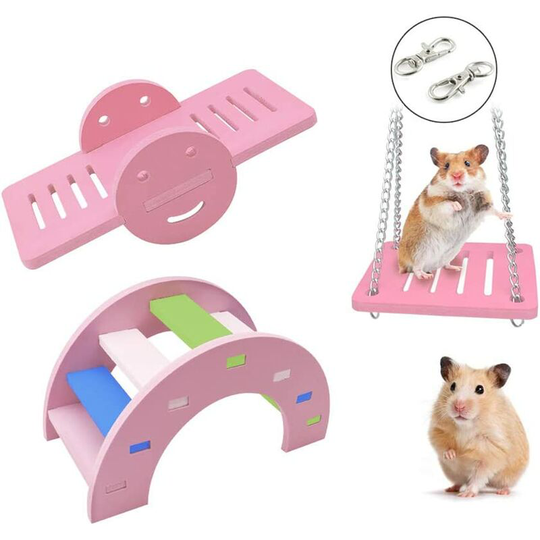 Cute 3-Piece Hamster Toys, Rainbow Bridge, Seesaw, Seesaw, Climbing Toy, Activity Toy for Small Animal to Get Rid of Boredom (Pink)