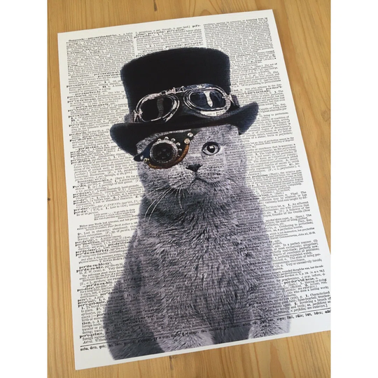A3 Steampunk Cat Dictionary Print - Humanised Cat Wall Art Picture Grey Goggles Kitten