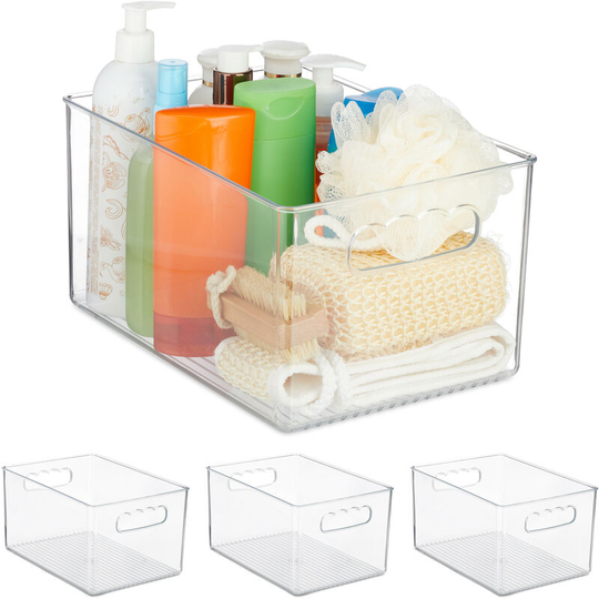 Relaxdays 4x Fridge Organisers, Handles, Plastic, Kitchen & Bathroom Storage Box, HWD: 15.5 x 29 x 20.5 cm, Transparent