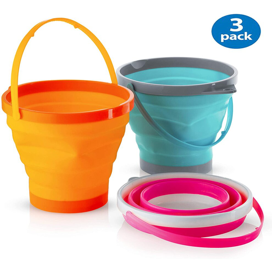 Top Race Pack of 3 Foldable Silicone Collapsible Pail Beach Storage Buckets 7" Inch - 2 Liter, Multi Purpose Half Gallons Various Colors