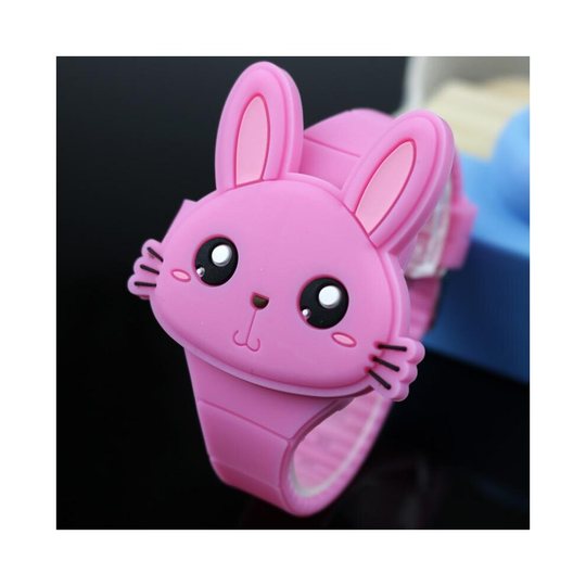 (Rose) Lovely Rabbit Cartoon Children Watches Flip Cover Rubber Electronic Boy Student Girls Clock