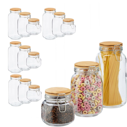 Set of 15 Storage Jars, Clip Top, Airtight Bamboo Lids, Dry Food, Glass, 2 l, 1.5 l, 750 ml, Transparent - Relaxdays