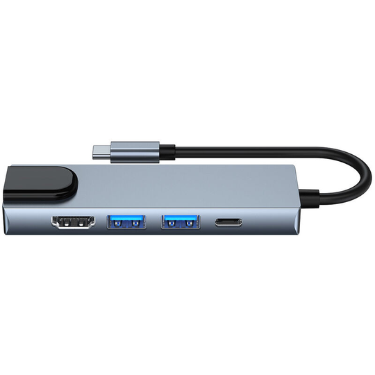 5-in-1 Type-C Hub Multifunctional Type-C Converter Aluminum Alloy Shell with 100M RJ45 hd USB2.0 USB3.0 pd Ports,Silver - Silver