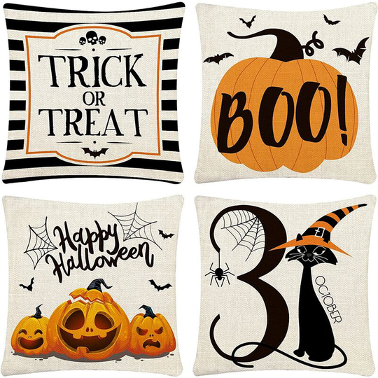 Halloween Pillow Covers 18x18 Set of 4 Trick or Treat Pillow Covers Happy Halloween Linen Sofa Bed Cushion Cover Decoration